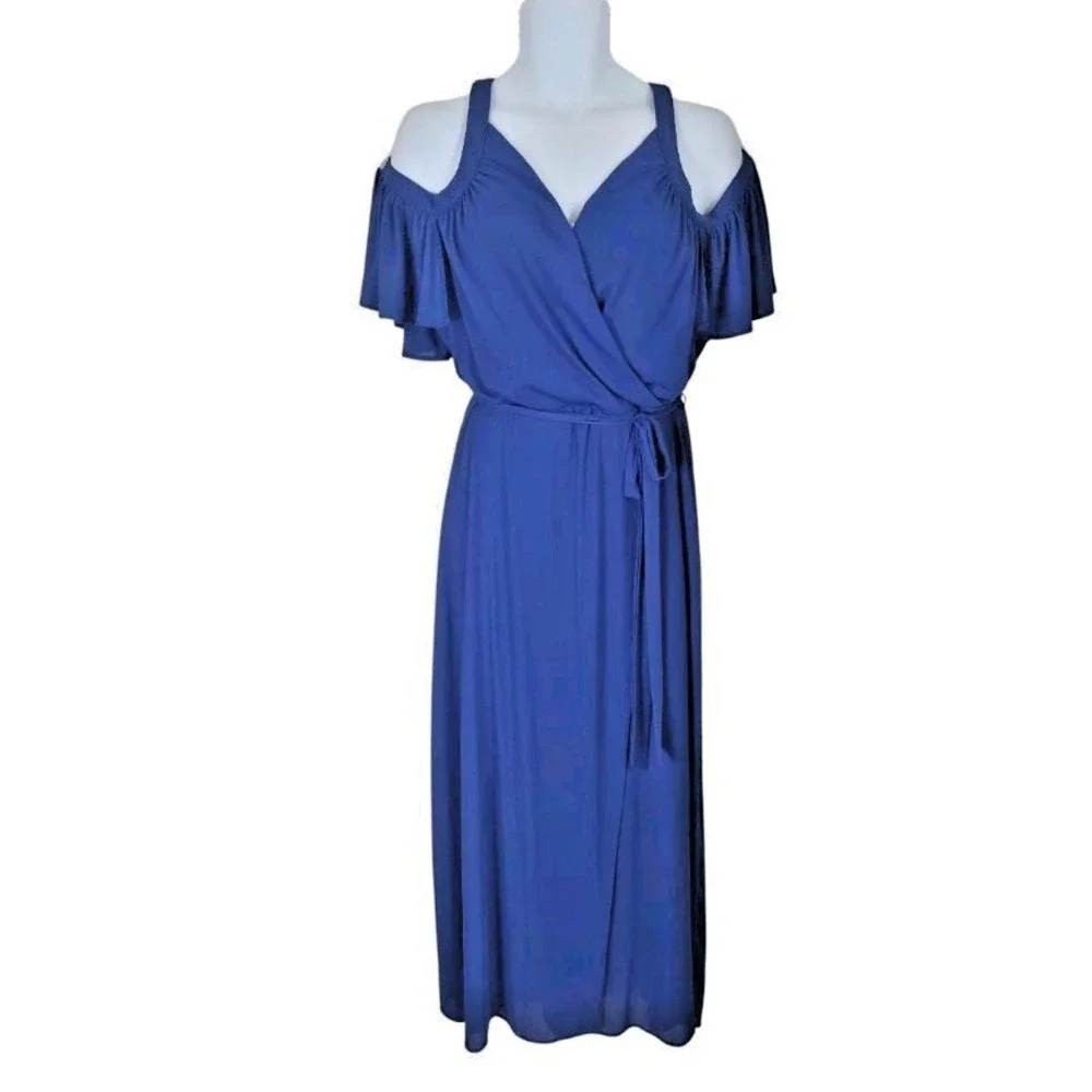 Royal Blue Maxi Dress XXL Faux Wrap Cold shoulder Belt  Halter Lined Flowy NWT
